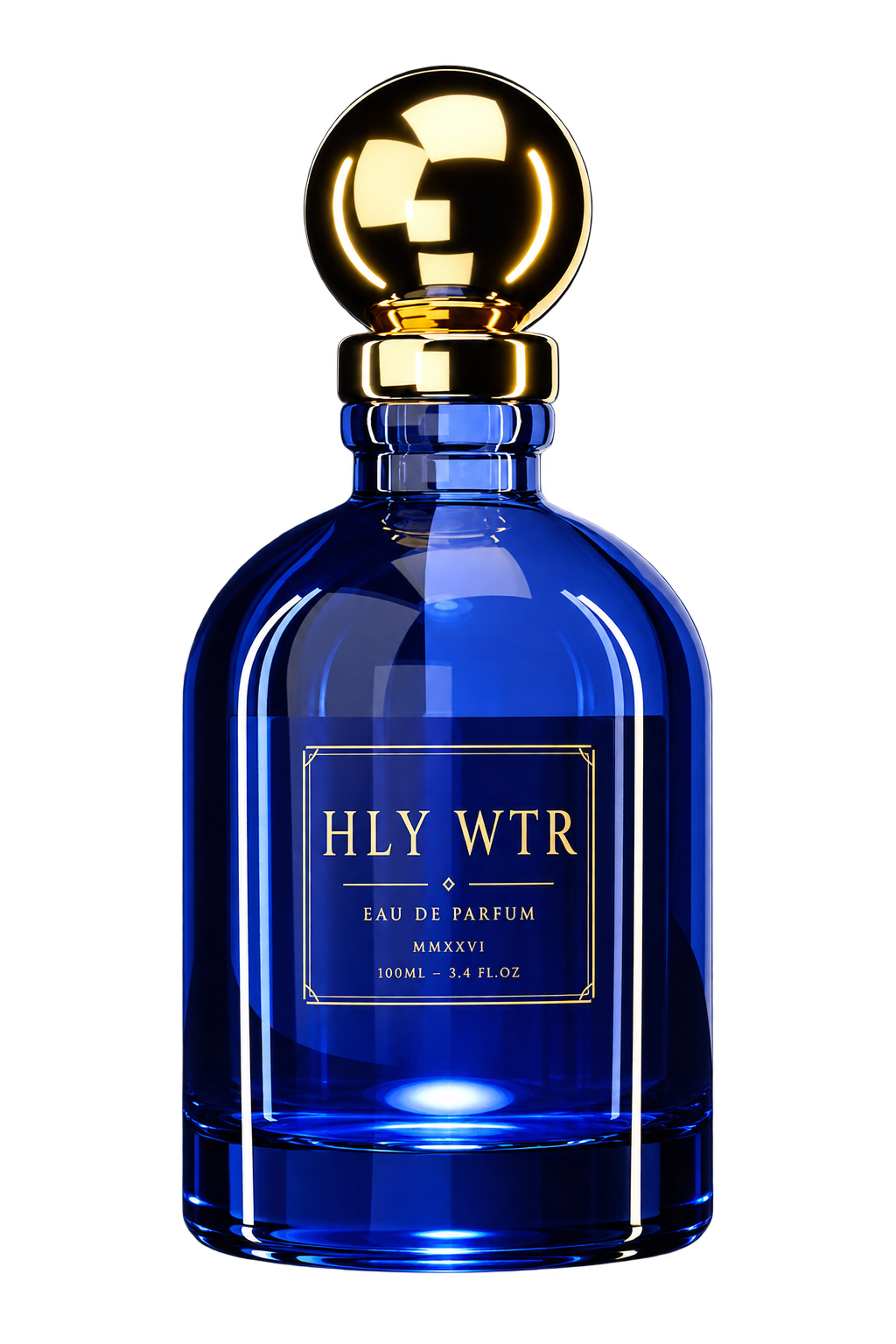 A cobalt apothecary bottle of HLY WTR with a polished gold sphere stopper and a single luminous drop suspended inside.